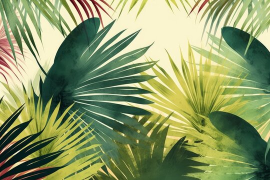 Tropical plants and palm trees, for retro texture background photo wallpaper. Green theme. Wallpaper pattern painted in watercolour. Generative AI 