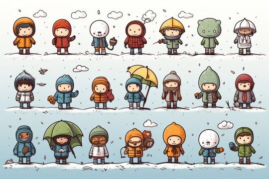 Cartoon cute doodles of characters hiking in various weather conditions, from sunny days to rainy adventures, with the right gear, Generative AI