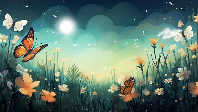  illustration glowcore flat design whimsical butterfly. cartoon anime style illustration. seamless looping overlay 4k virtual video animation background 