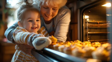 A grandparent and grandchild wearing oven mitts safely taking a warm batch of muffins out of the oven. - obrazy, fototapety, plakaty