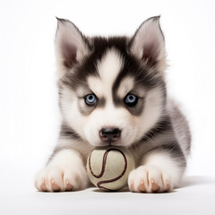 Siberian husky puppy playing ball isolated