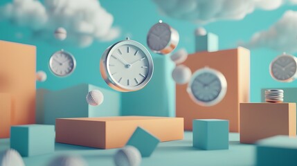 3D Time Clock Floating in Dreamy Surrealist Composition