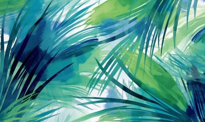 Palm leaves floral watercolour vivid abstract background in a modern style. Botanical design, vivid blue and emerald green colours. Generative AI 