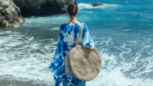 A loose flowy kaftan in a blue and white tiedye print paired with woven huarache sandals and a rattan circle bag. This look is perfect for a day of island exploration and