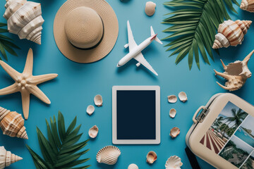 Top view flat lay summer holiday background, airplane, hat, tablet, suitcase, plants tropical leaves, on blue background 