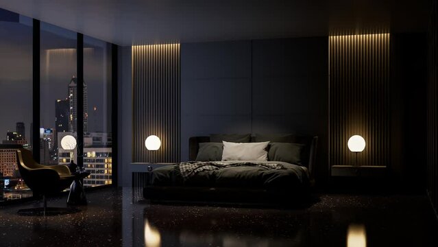 Amination of modern style luxury black master bedroom with city view in the night 3d render, There are black terrazzo floor decorated wall with hidden light, furnished with black fabric bed