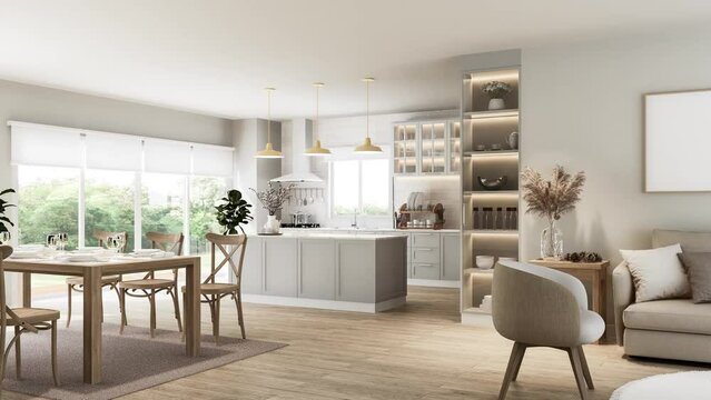 Animation of modern luxury vintage style living and dining room overlooking kitchen and nature view 3d render, There are wooden floor ,decorated with wooden furniture