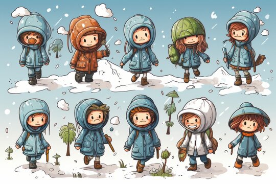Cartoon cute doodles of characters hiking in various weather conditions, from sunny days to rainy adventures, with the right gear, Generative AI