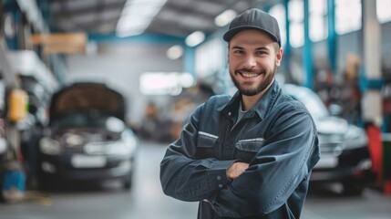 a mechanic with a work uniform, a modern car repair shop in the background, happy and proud of his profession - obrazy, fototapety, plakaty