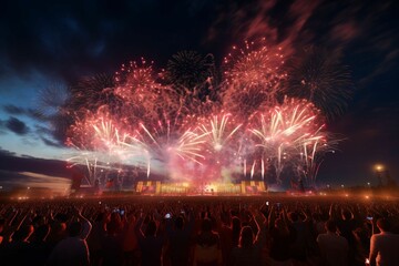 Fototapeta na wymiar Fireworks over a festival crowd capturing the. Generative ai