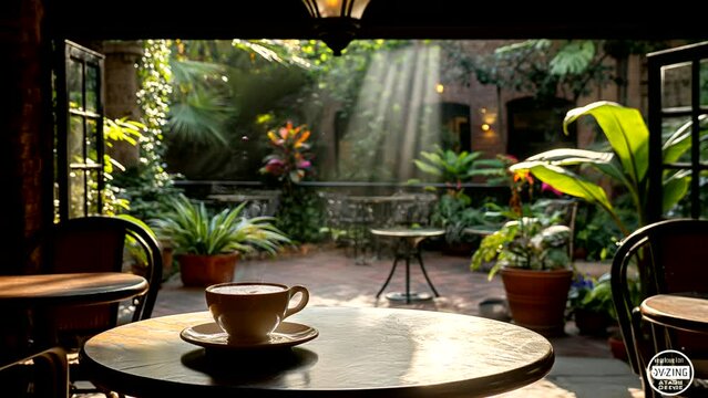 A cup of coffee on a table overlooking the garden at a cafe Seamless looping time-lapse 4k animation video background  Generated AI
