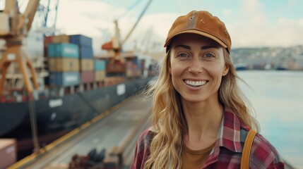 Happy female port worker at shipping point in port
 - obrazy, fototapety, plakaty