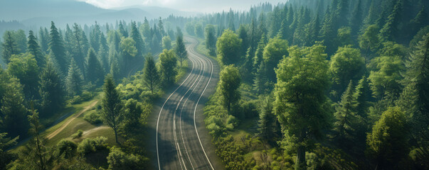 Aerial view of a forest road in the mountains - obrazy, fototapety, plakaty