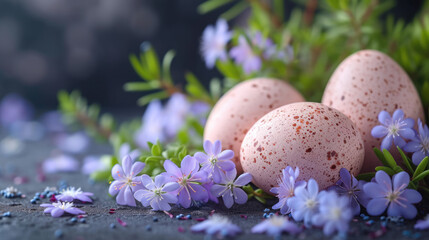 Embrace the festive spirit of Easter with a delightful array of decorations adorning a springtime scene, where colorful eggs, blooming flowers, and lush green grass come together to celebrate the joys