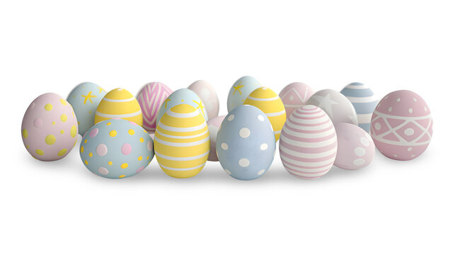  A collection of assorted Easter eggs in various sizes and hues, arranged neatly, transparent background