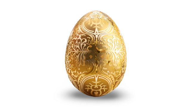  A gleaming golden Easter egg adorned with intricate patterns, set transparent background