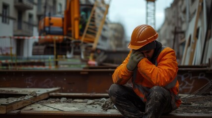 A lone construction worker sits in despair against the backdrop of the construction site. The worker appears disheartened and downtrodden, likely due to inadequate wages or fired.
