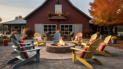 fire pit surrounded by adirondack chairs