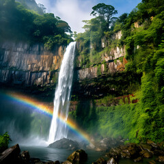 Fototapeta na wymiar Mesmerising Summertime View of a Pristine Waterfall Nestled in the Heart of a Rainforest Mountain Range