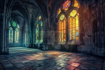 Gothic Cathedral Interior with Stained Glass - obrazy, fototapety, plakaty