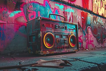 Retro neon boombox against a vibrant graffiti wall. a throwback to 80s music culture with a modern...