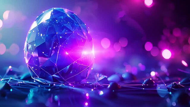 Futuristic Easter themed background of a shiny faceted Easter egg surrounded by particles and neon light