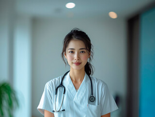 Asian girl in medical uniform at the hospital. Generative AI