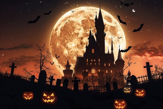 Spooky halloween scene with a haunted castle silhouette against a full moon Surrounded by flying bats and jack-o'-lanterns in a creepy graveyard