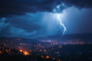 Naklejka na ściany i meble Dramatic thunderstorm over a cityscape at night Capturing the raw power of nature with lightning bolts illuminating the sky