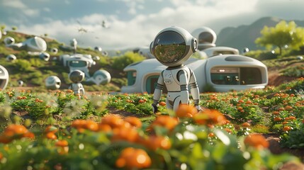 Smart farm with androids and drone. Futuristic Technology in smart agriculture farming. Generative AI.