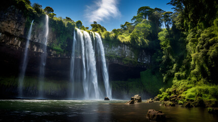 Mesmerising Summertime View of a Pristine Waterfall Nestled in the Heart of a Rainforest Mountain Range