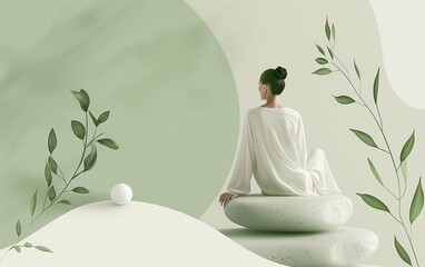 Banner for the main page of a website or page on social networks on hypnotherapy. Freedom of thought and soul. An image of calm and relaxation. Multi-layered minimalist collage in soft green color.