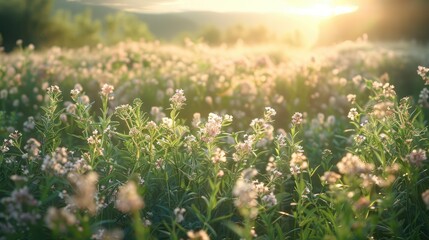 Meadow with lush nature of medicinal plants, thyme. Generative AI.