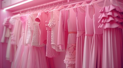 Many pink dresses hanging on pink trendy closet, bright Fashion clothes on pink wall background. Generative AI.