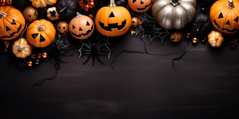 Halloween holiday scary pumpkin head open gifts boxes ghost skull candle and candy halloween concept for web.AI Generative