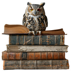 Owl standing on a stack of old books isolated on transparent background, element remove background, element for design.