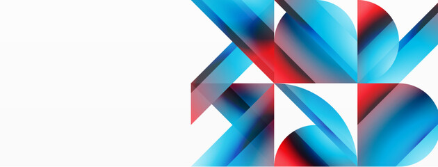 Vibrant color triangles and circles on white background intertwine to create captivating and harmoniously balanced composition for digital designs, presentations, website banners, social media posts