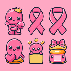 Breast Cancer Awareness Pink Ribbon Vector Icon Set. Cute Cartoon Style