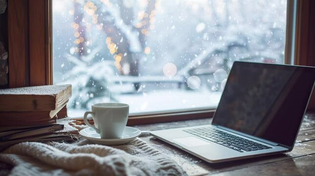 Laptop and cup of coffee by the window in a cozy winter scene
 Seamless looping 4k time-lapse virtual video animation background. Generated AI