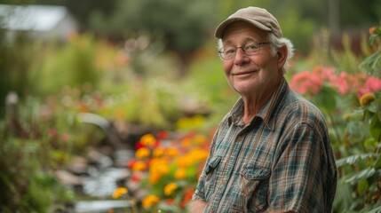 A retirees backyard is transformed into a miniwetland as he installs a rain garden giving him a fulfilling and purposeful hobby in retirement that also benefits the environment. - obrazy, fototapety, plakaty