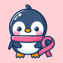 Cute penguin with pink ribbon. Breast Cancer Awareness Month concept.