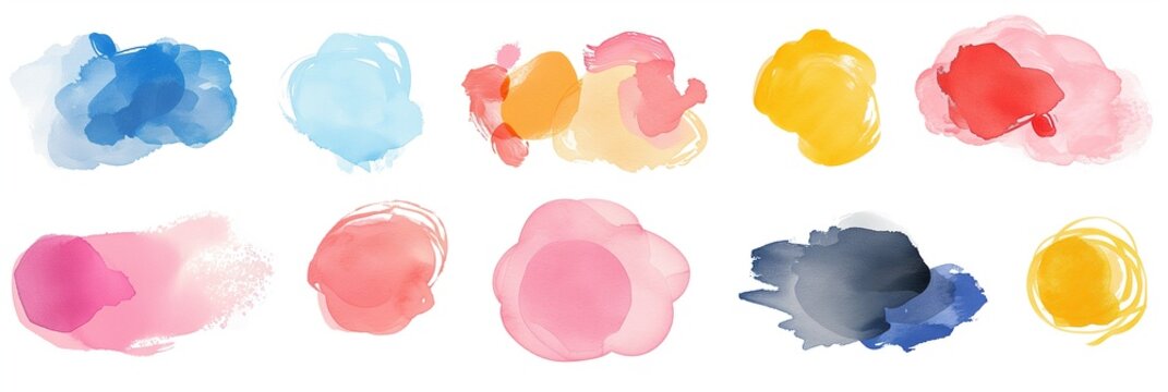 Colorful abstract watercolor paint dabs in various shapes and sizes on a white background