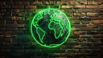 Green Neon lights of Eco Friendly Earth Symbol on Wall Brick Background. Environmental Conservation, Save the Planet, Net Zero, Earth Day, Environment Day, Zero Carbon Dioxide Emissions