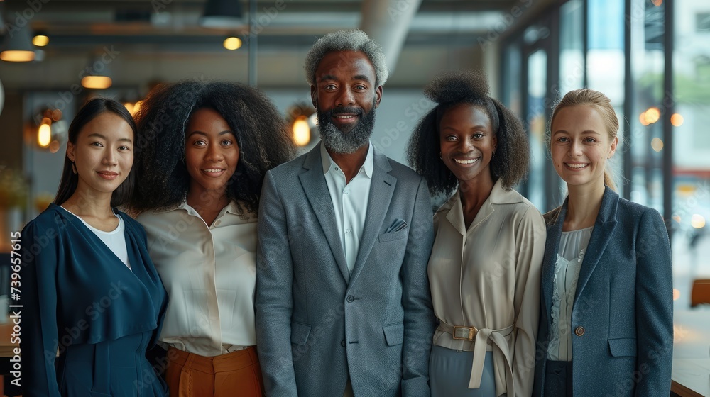 Poster smiling diverse corporate workers. generative ai.