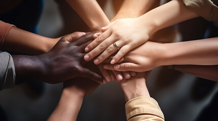 Hands of different diversity stacked in unity and support, top view.