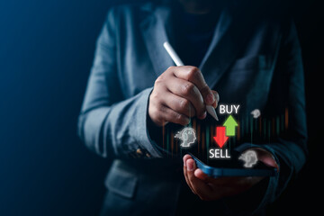 Experience the power of strategic stock trading with businessman's hands on smartphone, analyzing stock market trends with AI. Stay ahead with market insights