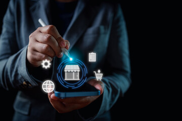 Maximize business efficiency with businessman's hands touching icons for product management and sales optimization. Elevate your online store operations