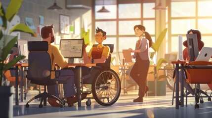 Diverse capable characters with disabilities contribute to the office environment
