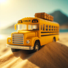 A yellow school bus sitting on top of a sandy beach is a toy