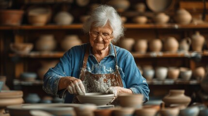A senior citizen completely enamored in an art class shaping a unique pottery piece on a wheel with precision. Sunlight pours in illuminating the shelves of stunning pieces